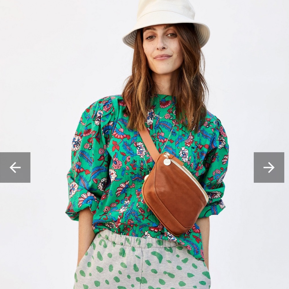 Clare V Green Floral Puff Sleeve Blouse